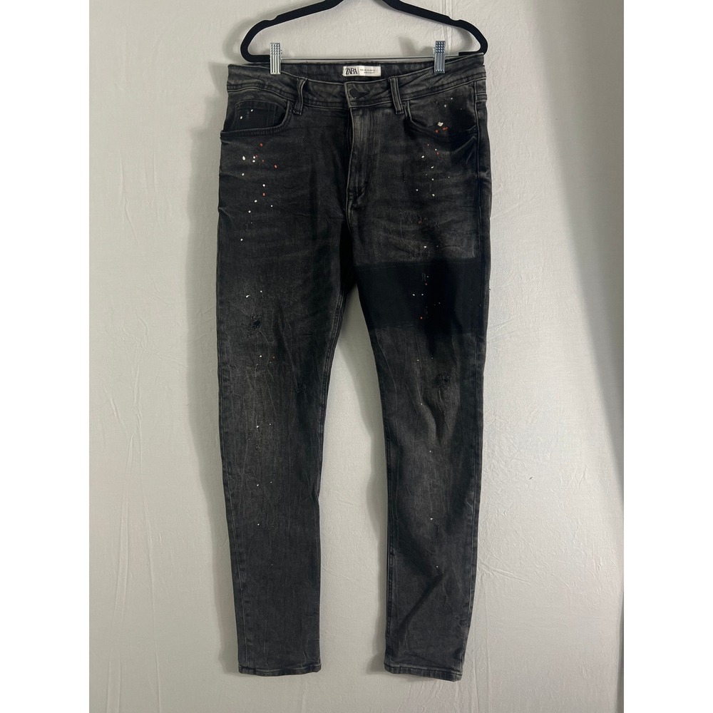 Zara Man Black Skinny Jeans Paint Splatter Distressed Panel Denim Mens Splat